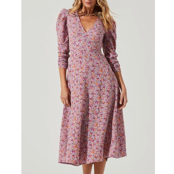 REVOLVE Dresses & Skirts - ASTR THE LABEL Puff Sleeve Back Cutout Midi Dress in Purple Peach Floral NWOT